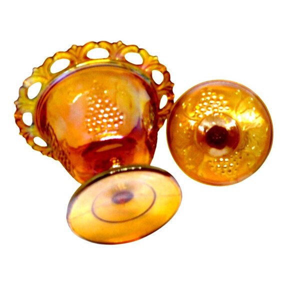 Carnival Glass Amber Marigold Grape Vine Harvest Pedestal Compote Candy Dish Lid - Picture 6 of 9